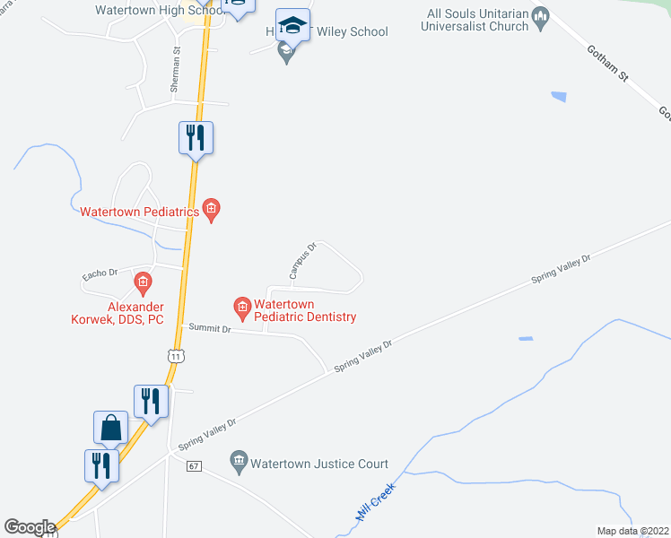 map of restaurants, bars, coffee shops, grocery stores, and more near 22691 Campus Drive in Watertown