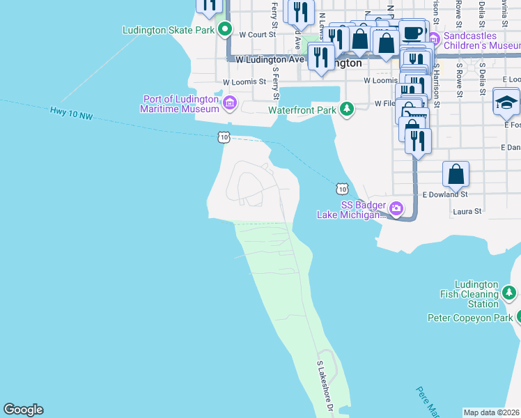 map of restaurants, bars, coffee shops, grocery stores, and more near 188 Harbor Drive in Ludington