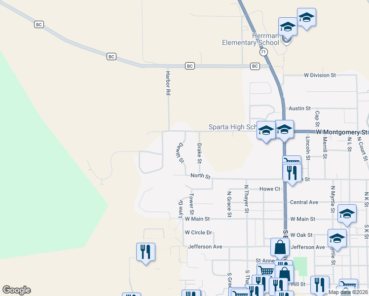 map of restaurants, bars, coffee shops, grocery stores, and more near 475 Dewitt Street in Sparta