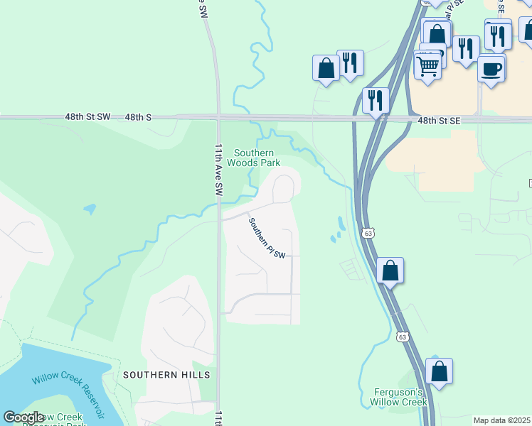 map of restaurants, bars, coffee shops, grocery stores, and more near 5142 Southwood Lane Southwest in Rochester