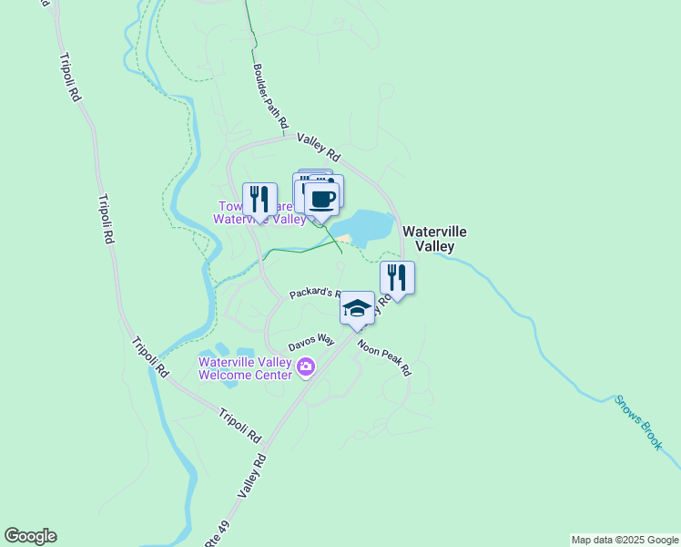 map of restaurants, bars, coffee shops, grocery stores, and more near 44 Packard's Road in Waterville Valley