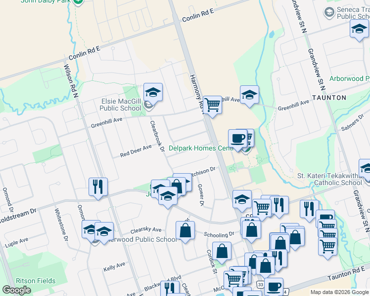 map of restaurants, bars, coffee shops, grocery stores, and more near 846 Groveland Avenue in Oshawa