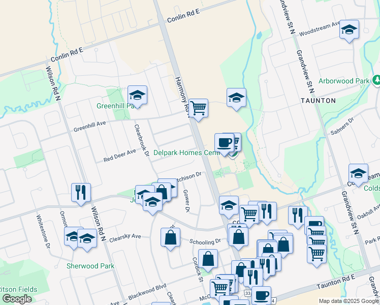 map of restaurants, bars, coffee shops, grocery stores, and more near 897 Groveland Avenue in Oshawa