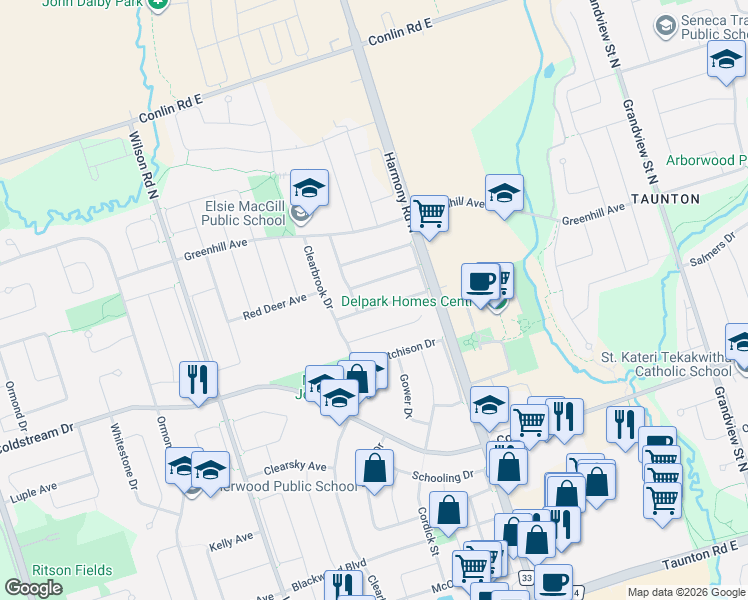 map of restaurants, bars, coffee shops, grocery stores, and more near 846 Groveland Avenue in Oshawa