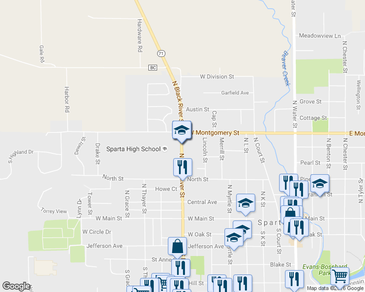 map of restaurants, bars, coffee shops, grocery stores, and more near 429 North Black River Street in Sparta