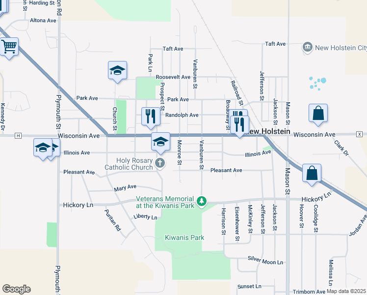 map of restaurants, bars, coffee shops, grocery stores, and more near 1821 Monroe Street in New Holstein