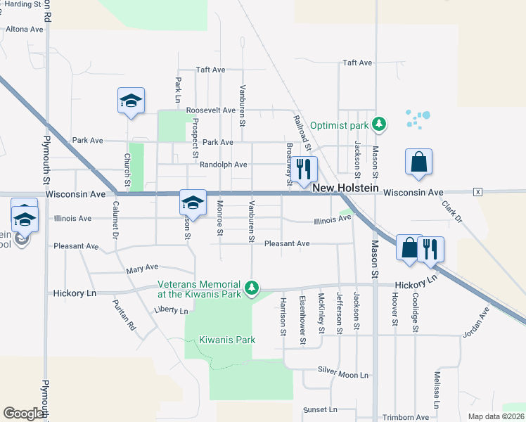 map of restaurants, bars, coffee shops, grocery stores, and more near 1815 Illinois Avenue in New Holstein