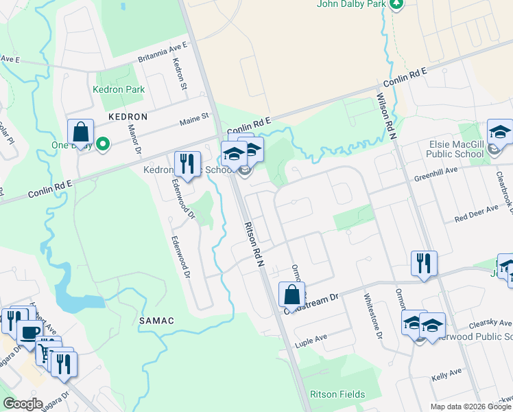 map of restaurants, bars, coffee shops, grocery stores, and more near 1087 Ormond Drive in Oshawa