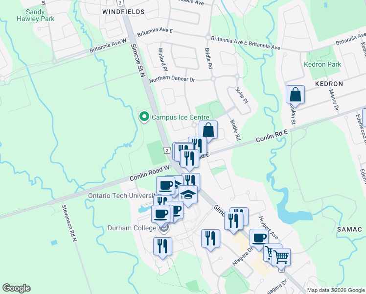 map of restaurants, bars, coffee shops, grocery stores, and more near 1962 Secretariat Place in Oshawa