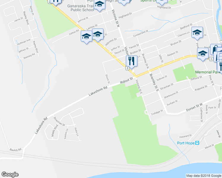 map of restaurants, bars, coffee shops, grocery stores, and more near 333 Lakeshore Road in Port Hope
