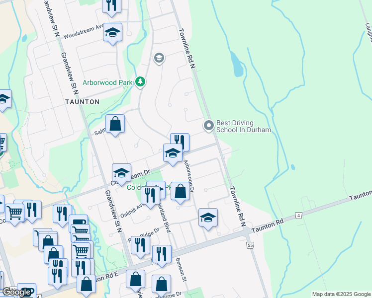 map of restaurants, bars, coffee shops, grocery stores, and more near 1586 Coldstream Drive in Oshawa