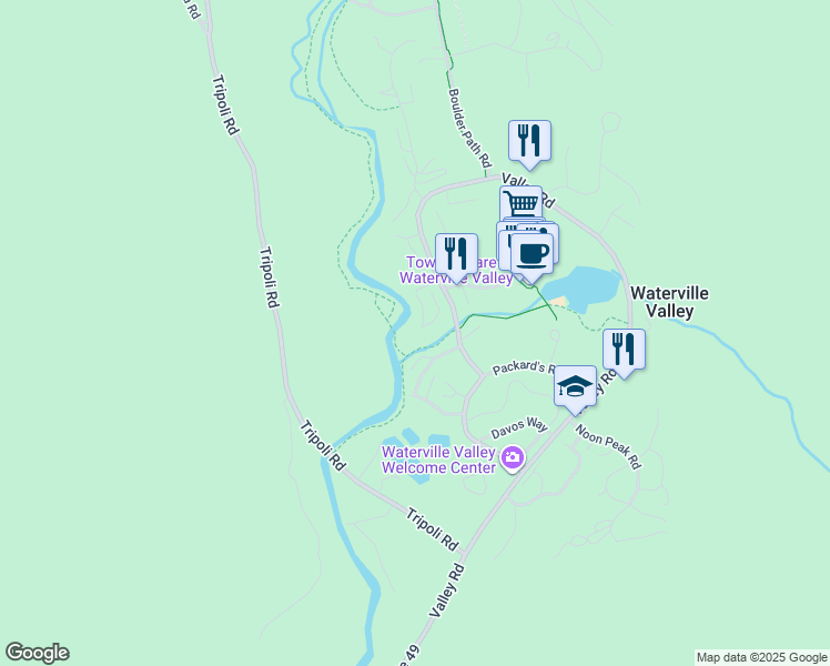 map of restaurants, bars, coffee shops, grocery stores, and more near 21 Mountain Brook Way in Waterville Valley