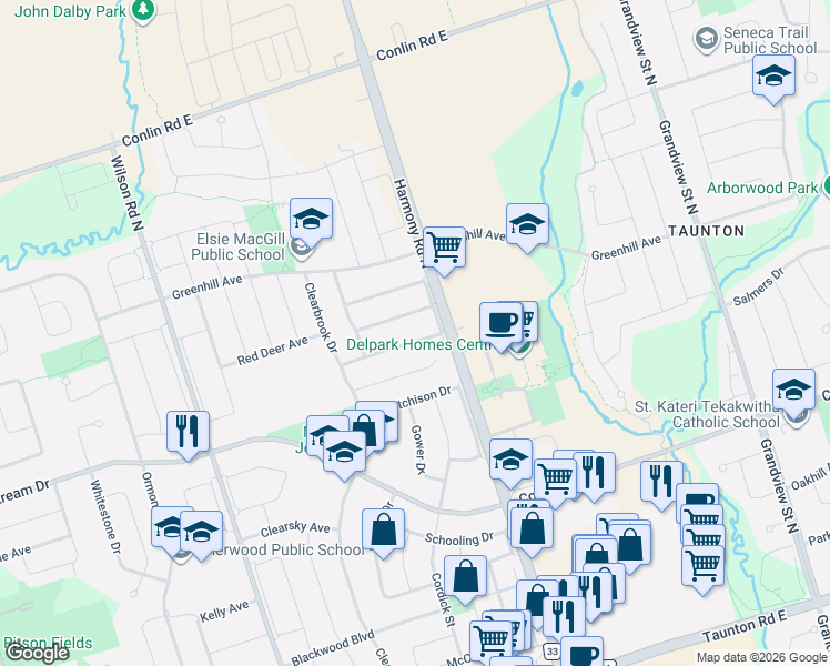 map of restaurants, bars, coffee shops, grocery stores, and more near 886 Groveland Avenue in Oshawa