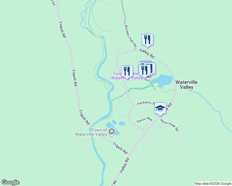 map of restaurants, bars, coffee shops, grocery stores, and more near 21 Mountain Brook Way in Waterville Valley