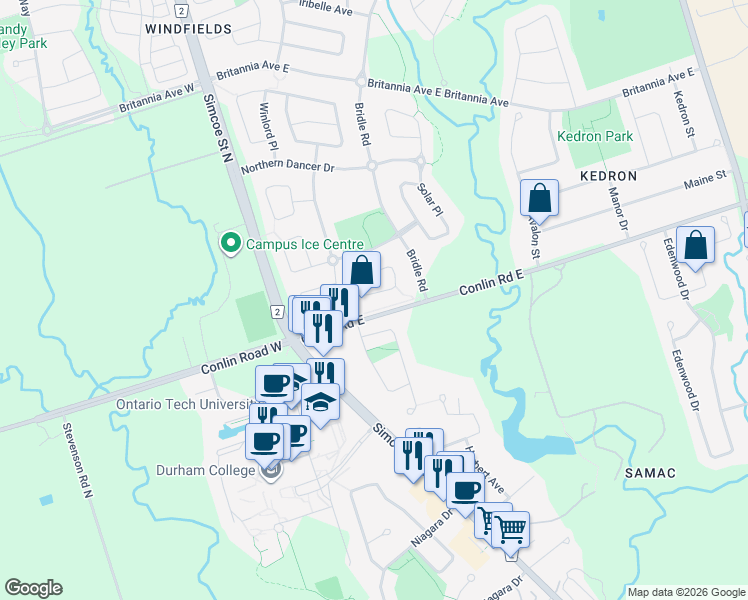 map of restaurants, bars, coffee shops, grocery stores, and more near 131 Norland Circle in Oshawa