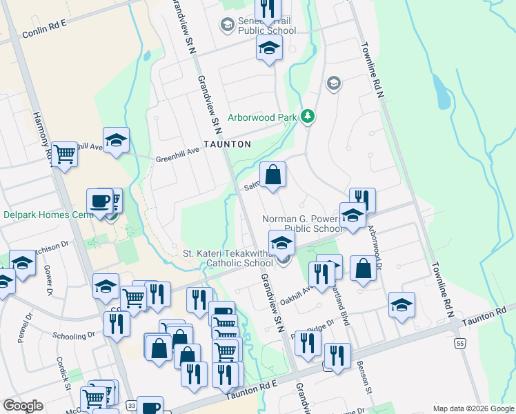 map of restaurants, bars, coffee shops, grocery stores, and more near 1688 Spencely Drive in Oshawa