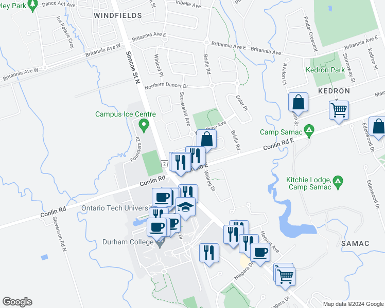 map of restaurants, bars, coffee shops, grocery stores, and more near 1998 Secretariat Place in Oshawa