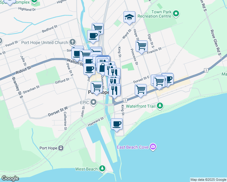 map of restaurants, bars, coffee shops, grocery stores, and more near 37 Mill Street South in Port Hope