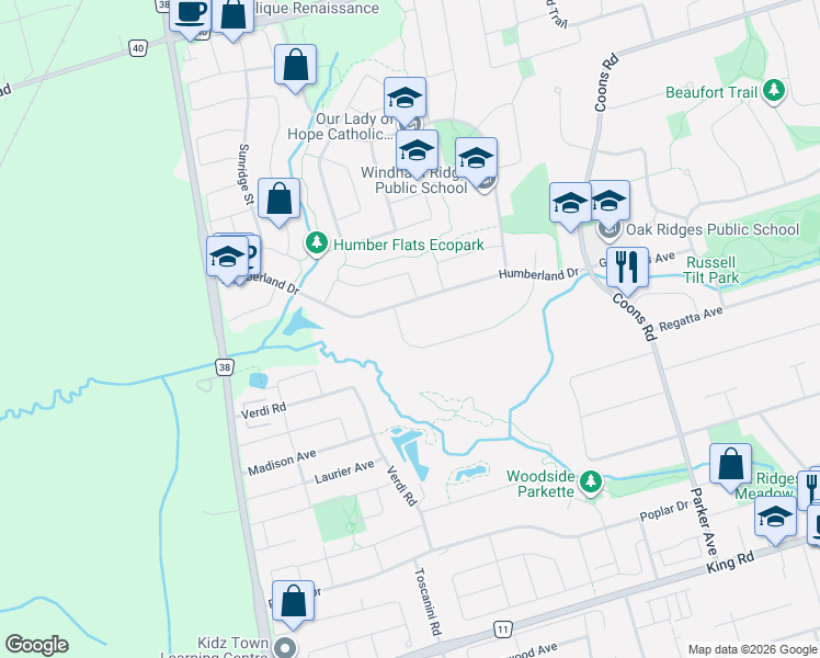 map of restaurants, bars, coffee shops, grocery stores, and more near 163 Humberland Drive in Richmond Hill