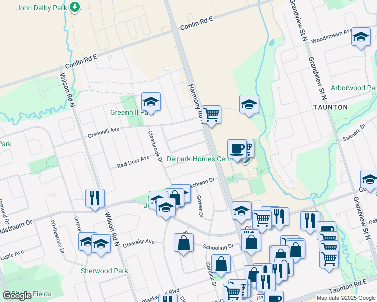 map of restaurants, bars, coffee shops, grocery stores, and more near in Oshawa