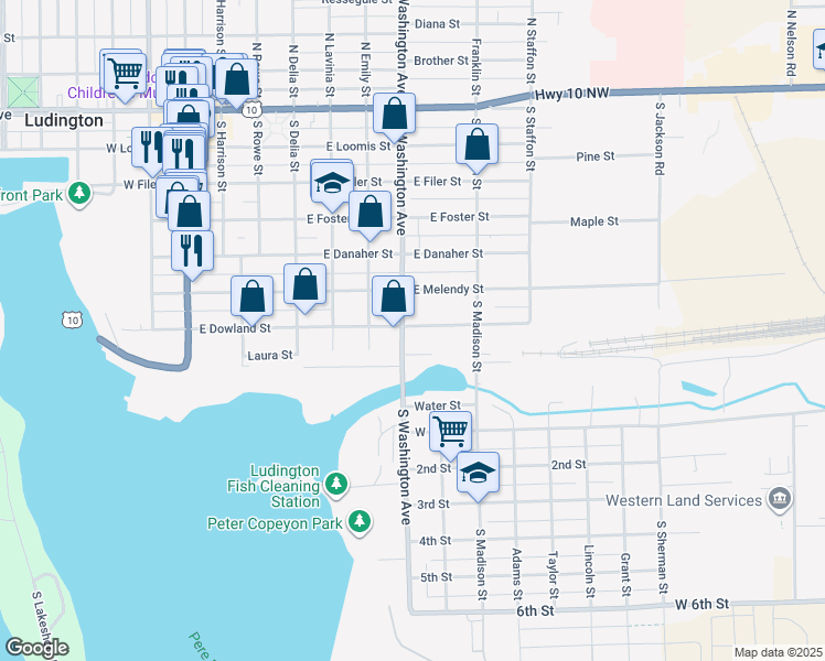 map of restaurants, bars, coffee shops, grocery stores, and more near 613 East Dowland Street in Ludington