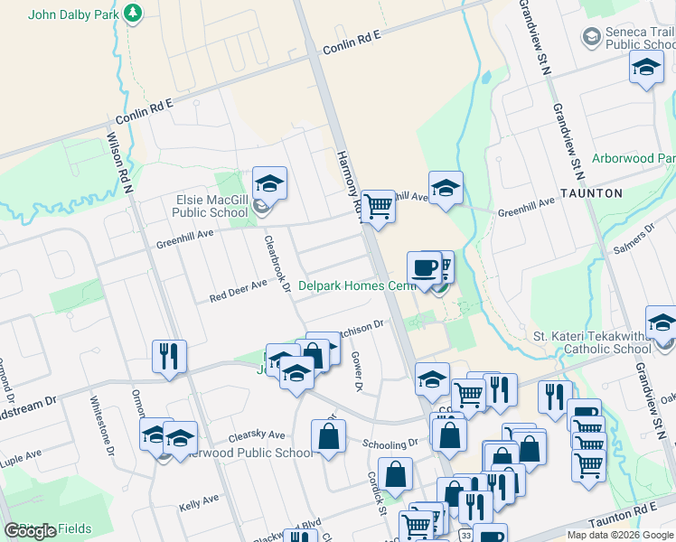 map of restaurants, bars, coffee shops, grocery stores, and more near 873 William Lee Avenue in Oshawa