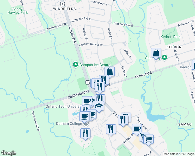 map of restaurants, bars, coffee shops, grocery stores, and more near 1892 Secretariat Place in Oshawa