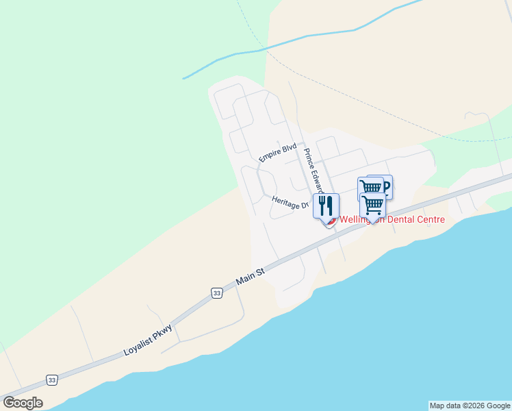 map of restaurants, bars, coffee shops, grocery stores, and more near 84 Sand Banks Court in Prince Edward