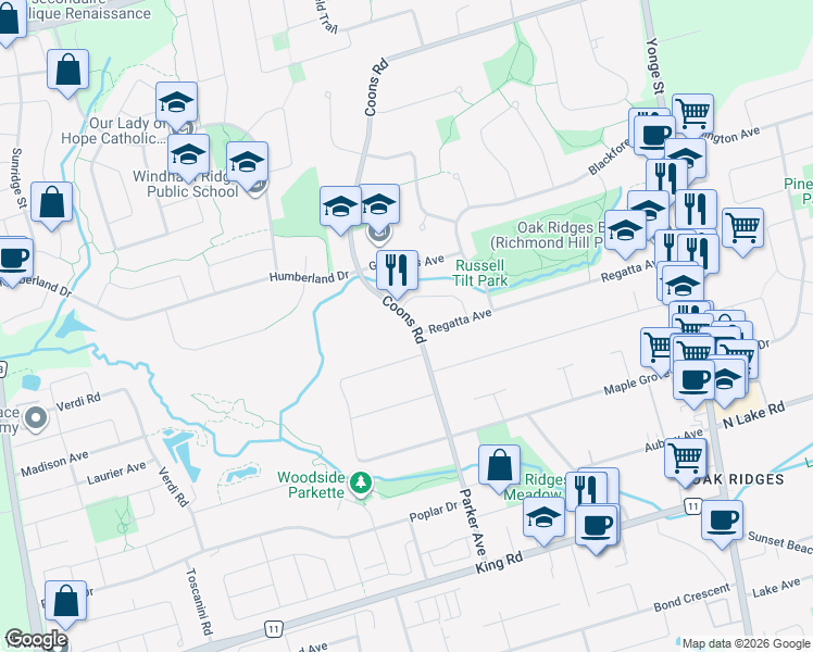 map of restaurants, bars, coffee shops, grocery stores, and more near 206 Coons Road in Richmond Hill