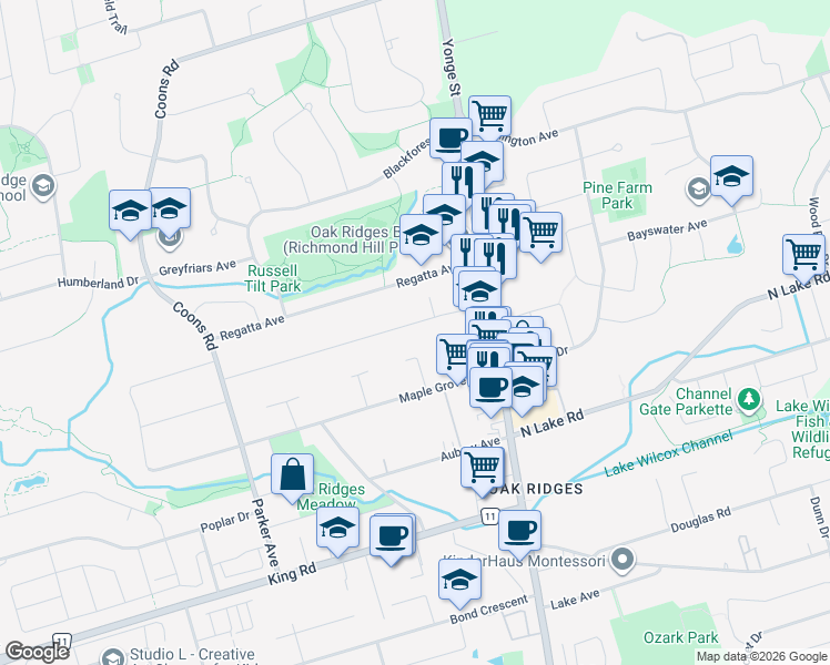 map of restaurants, bars, coffee shops, grocery stores, and more near 29 Elm Grove Avenue in Richmond Hill