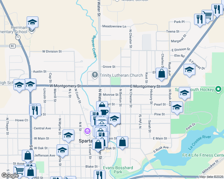 map of restaurants, bars, coffee shops, grocery stores, and more near 512 North Benton Street in Sparta