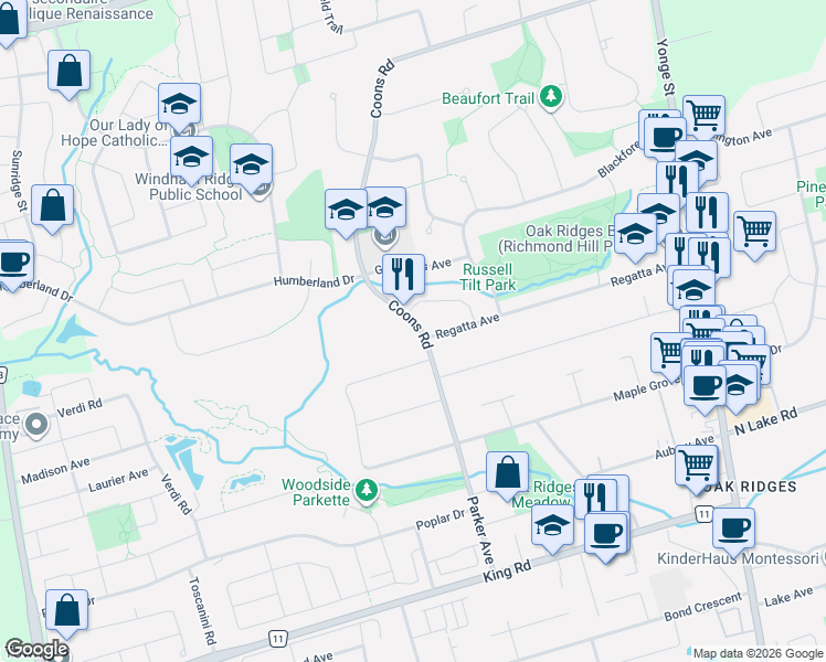 map of restaurants, bars, coffee shops, grocery stores, and more near 215 Coons Road in Richmond Hill