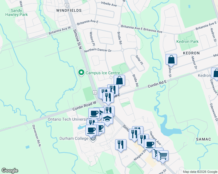 map of restaurants, bars, coffee shops, grocery stores, and more near 1876 Secretariat Place in Oshawa
