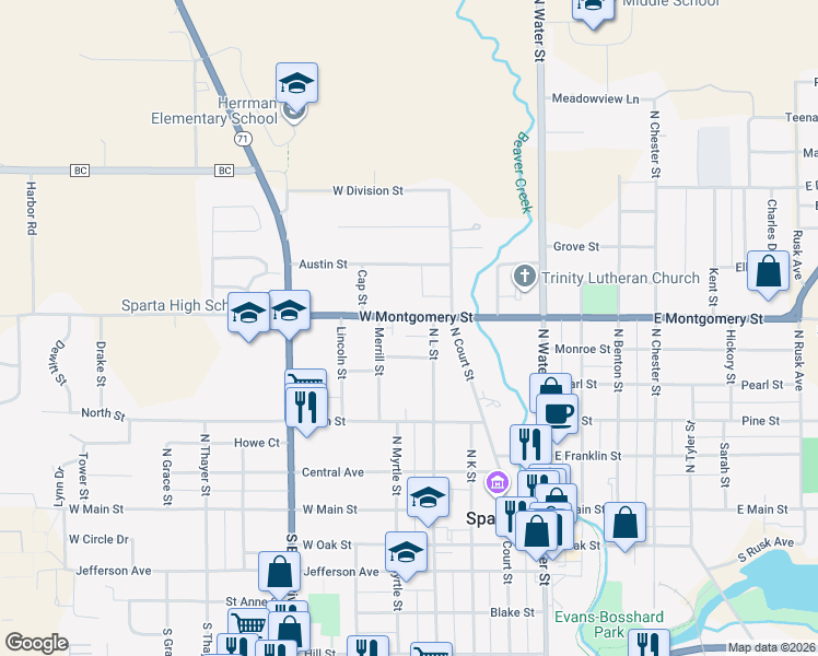 map of restaurants, bars, coffee shops, grocery stores, and more near 410 West Montgomery Street in Sparta