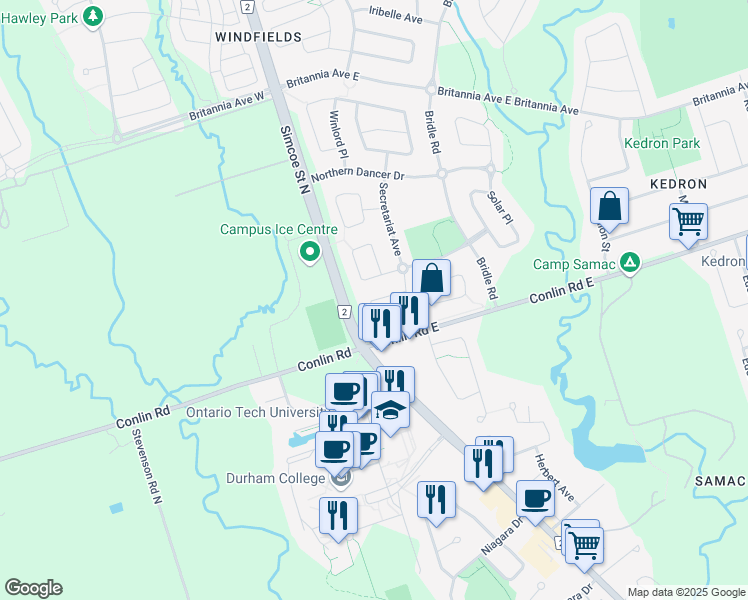 map of restaurants, bars, coffee shops, grocery stores, and more near Secretariat Place in Oshawa