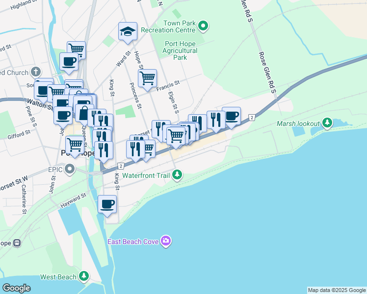 map of restaurants, bars, coffee shops, grocery stores, and more near 101 Peter Street in Port Hope
