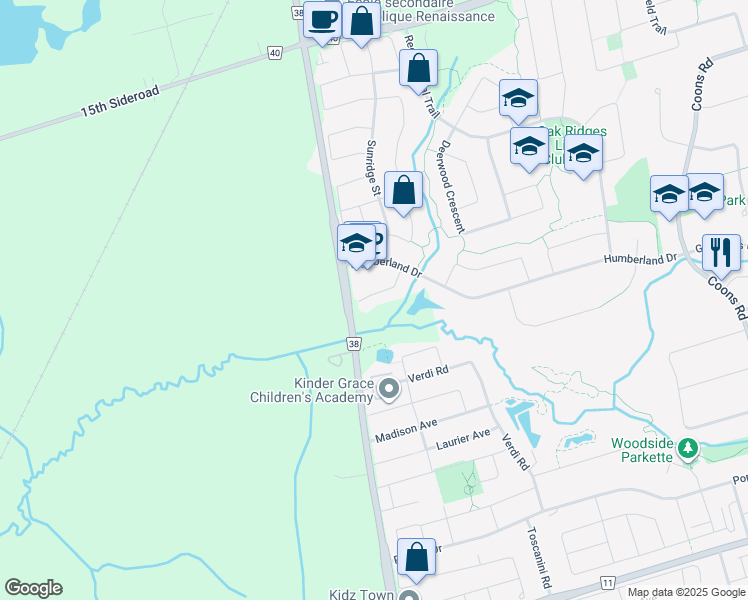 map of restaurants, bars, coffee shops, grocery stores, and more near 45 Mistleflower Court in Richmond Hill