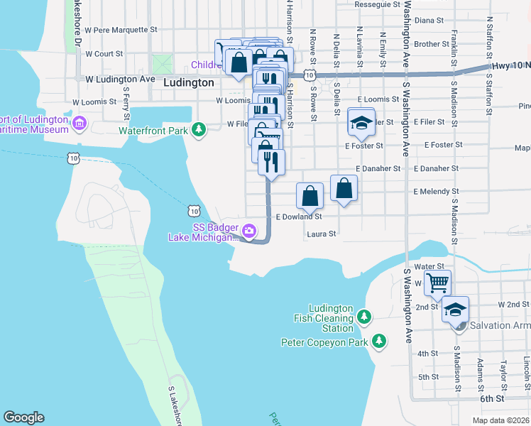 map of restaurants, bars, coffee shops, grocery stores, and more near 610 South James Street in Ludington