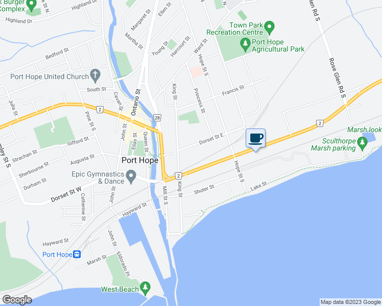 map of restaurants, bars, coffee shops, grocery stores, and more near 51 Dorset Street East in Port Hope
