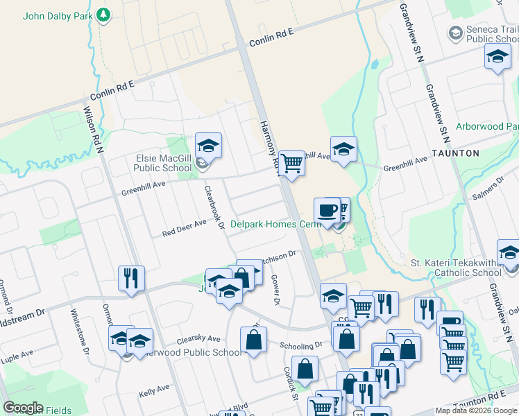 map of restaurants, bars, coffee shops, grocery stores, and more near William Lee Avenue in Oshawa