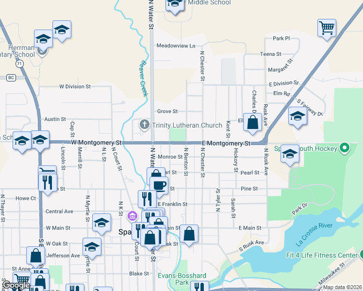 map of restaurants, bars, coffee shops, grocery stores, and more near 512 North Benton Street in Sparta
