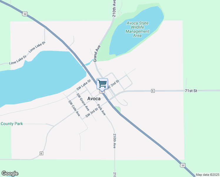 map of restaurants, bars, coffee shops, grocery stores, and more near 224 Northeast 2nd Street in Avoca