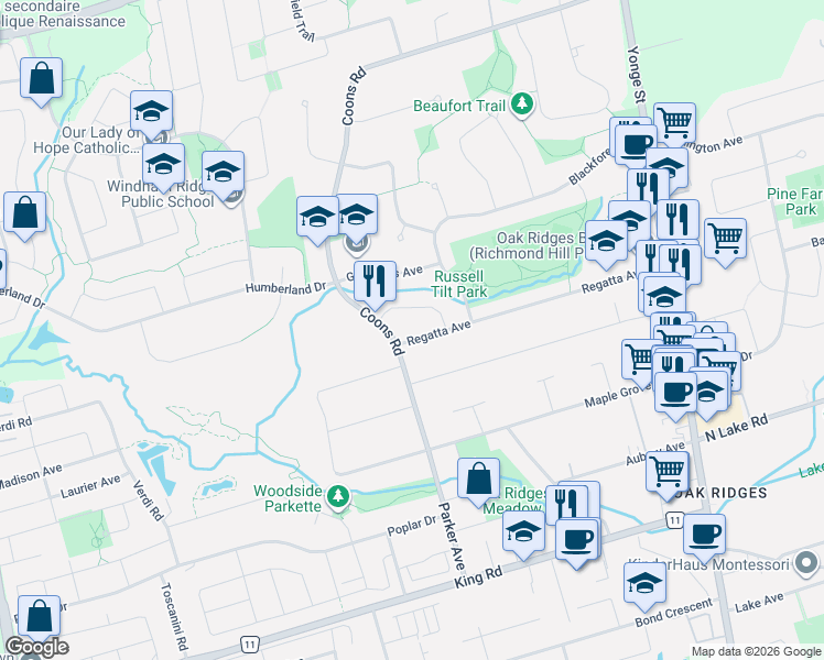 map of restaurants, bars, coffee shops, grocery stores, and more near 142 Regatta Avenue in Richmond Hill
