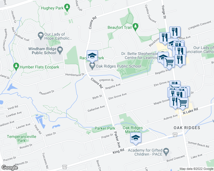 map of restaurants, bars, coffee shops, grocery stores, and more near 142 Regatta Avenue in Richmond Hill