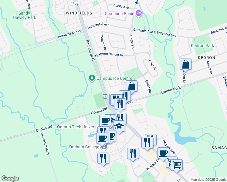 map of restaurants, bars, coffee shops, grocery stores, and more near 1907 Secretariat Place in Oshawa
