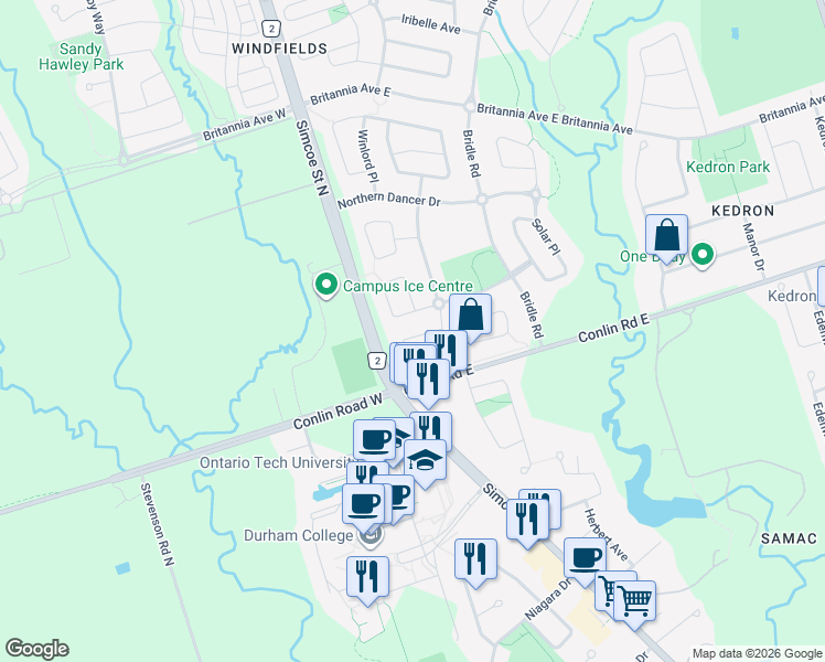 map of restaurants, bars, coffee shops, grocery stores, and more near 1895 Secretariat Place in Oshawa