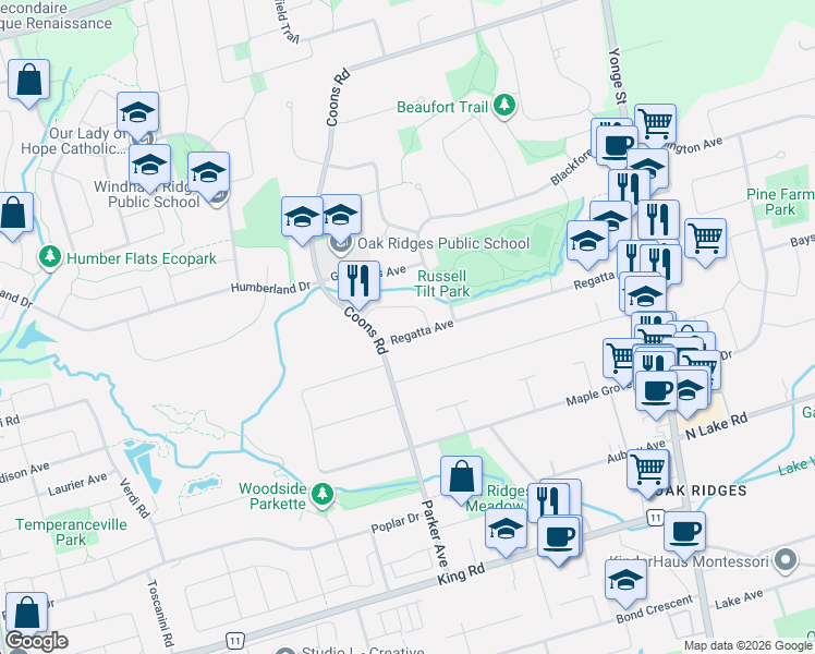 map of restaurants, bars, coffee shops, grocery stores, and more near 15 Pegasus Drive in Richmond Hill