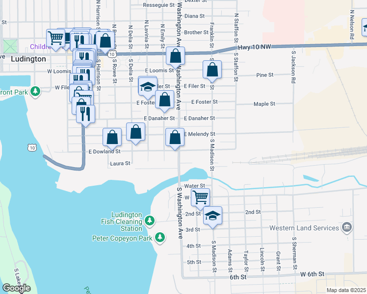 map of restaurants, bars, coffee shops, grocery stores, and more near 613 East Dowland Street in Ludington