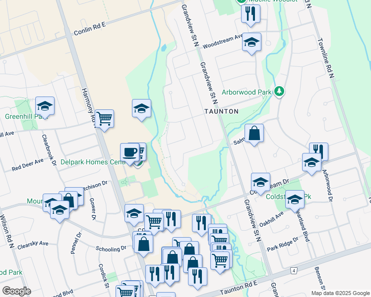 map of restaurants, bars, coffee shops, grocery stores, and more near 1620 William Lott Drive in Oshawa