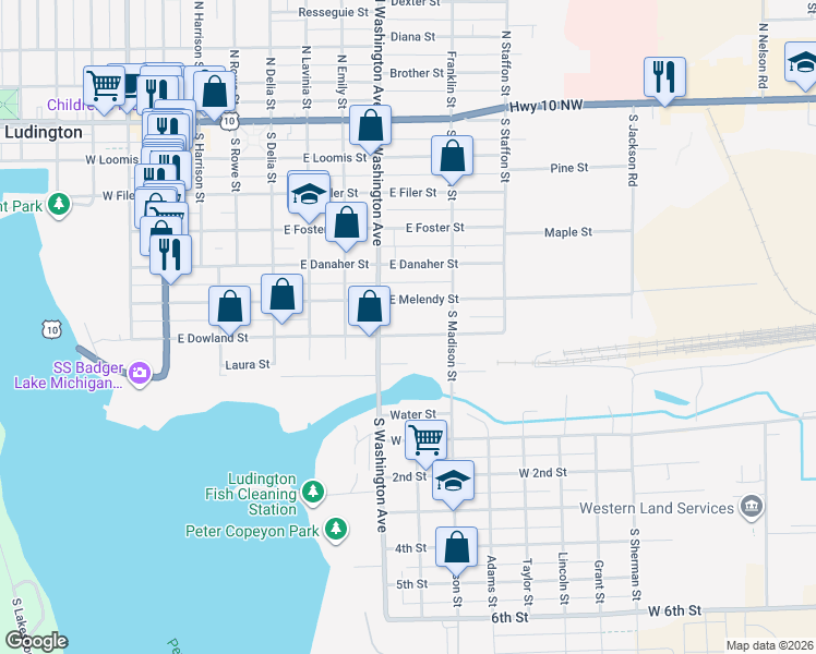 map of restaurants, bars, coffee shops, grocery stores, and more near 617 East Dowland Street in Ludington